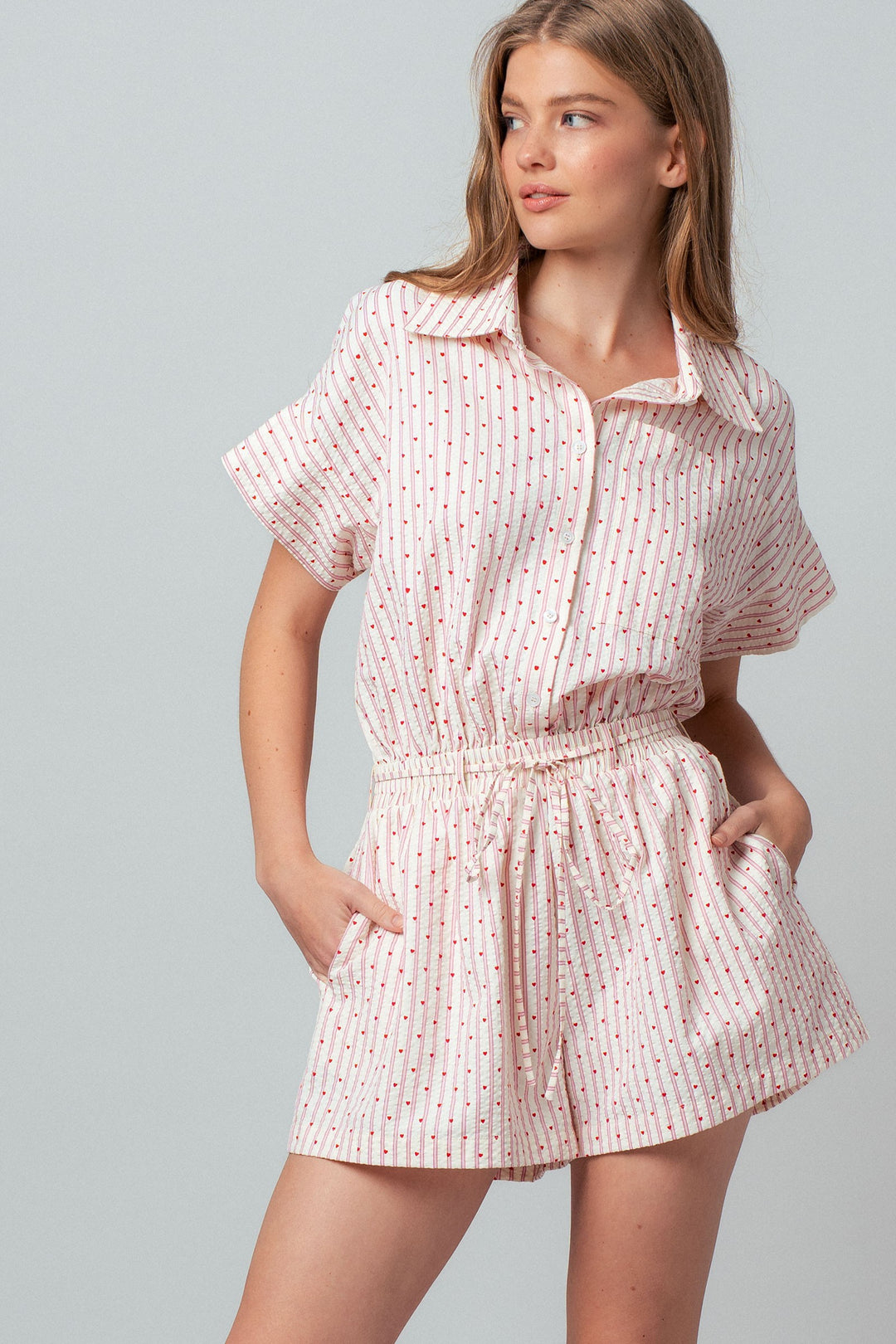 heart print stripe romper - ivory pink