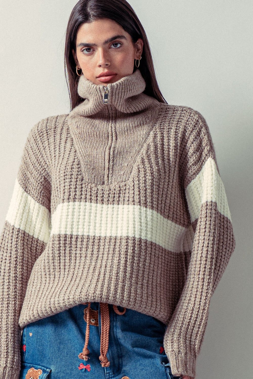chunky knit half zip sweater with stripe - taupe
