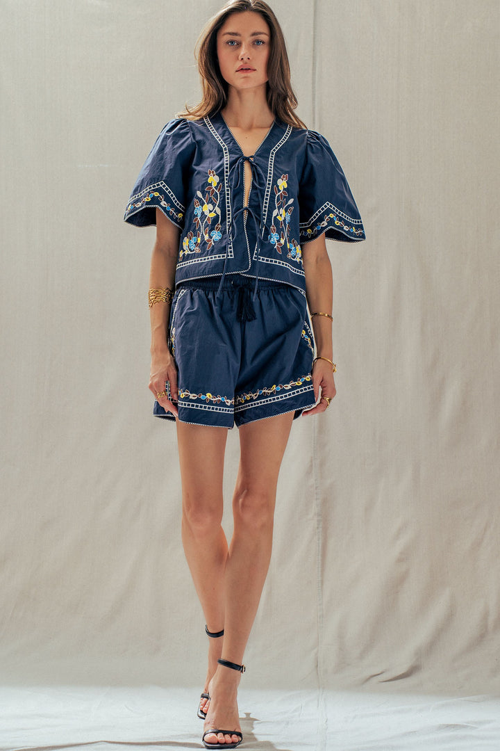 vintage inspired embroidered trim cotton shorts - navy (additional view)