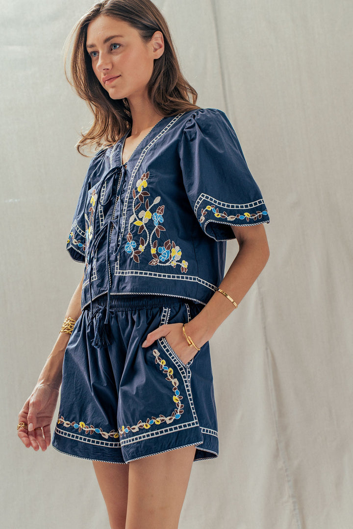 vintage inspired embroidered trim cotton shorts - navy (additional view)