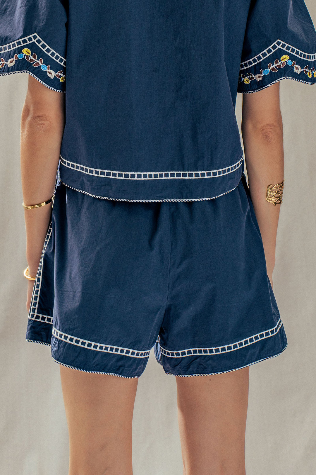 vintage inspired embroidered trim cotton shorts - navy (additional view)