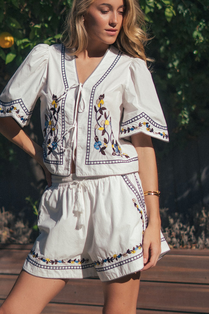 vintage inspired embroidered trim cotton shorts - white (additional view)