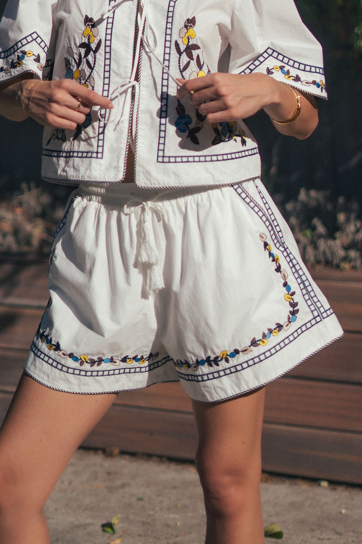 vintage inspired embroidered trim cotton shorts - white (additional view)