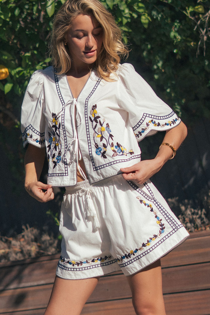 vintage inspired embroidered trim cotton shorts - white (additional view)
