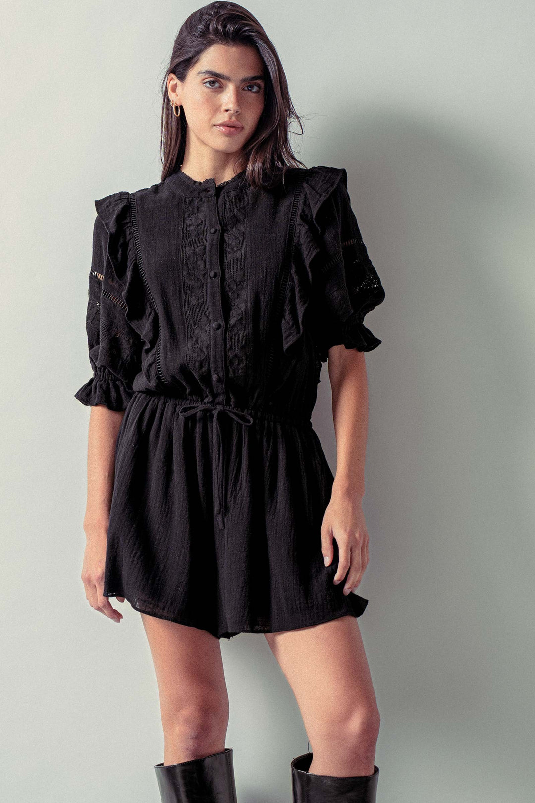ethereal lace ruffle sleeves romper - black