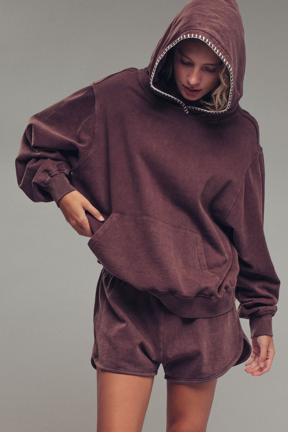 relaxed fit washed fleece hoodie with stitching - brown (additional view)