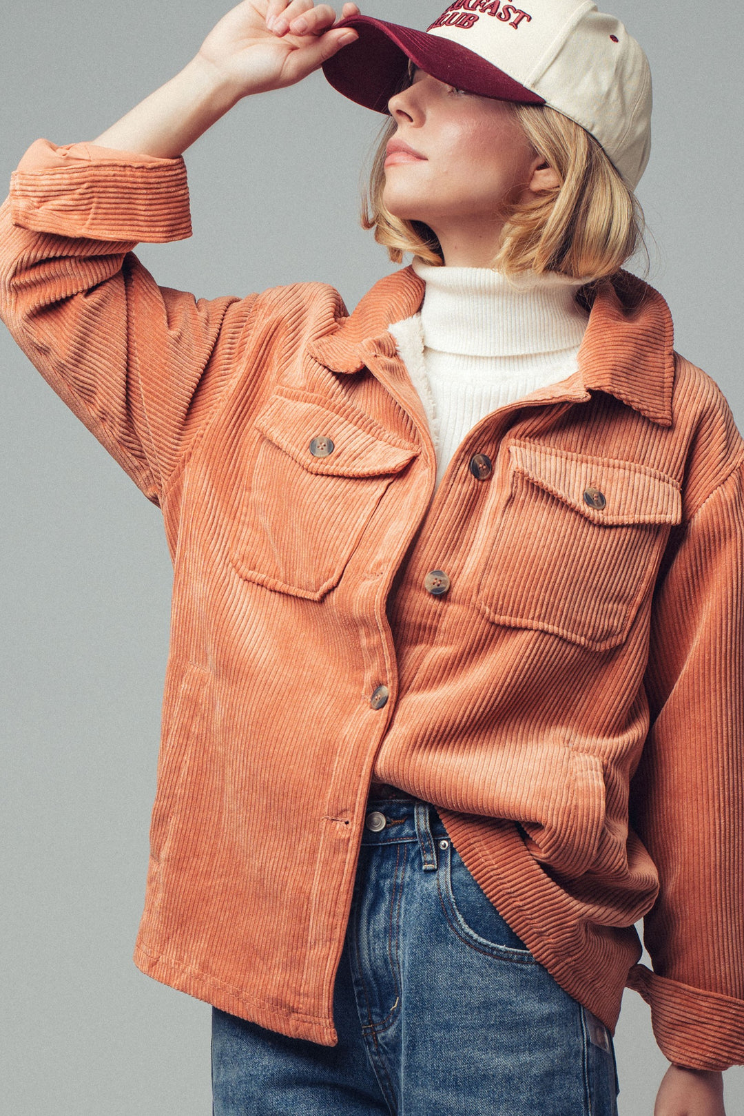 corduroy sherpa lined button down jacket - spice
