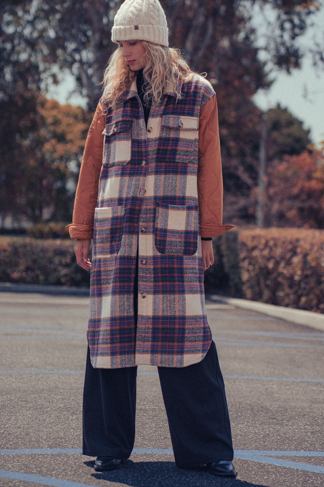 plaid patchwork longline coat - taupe