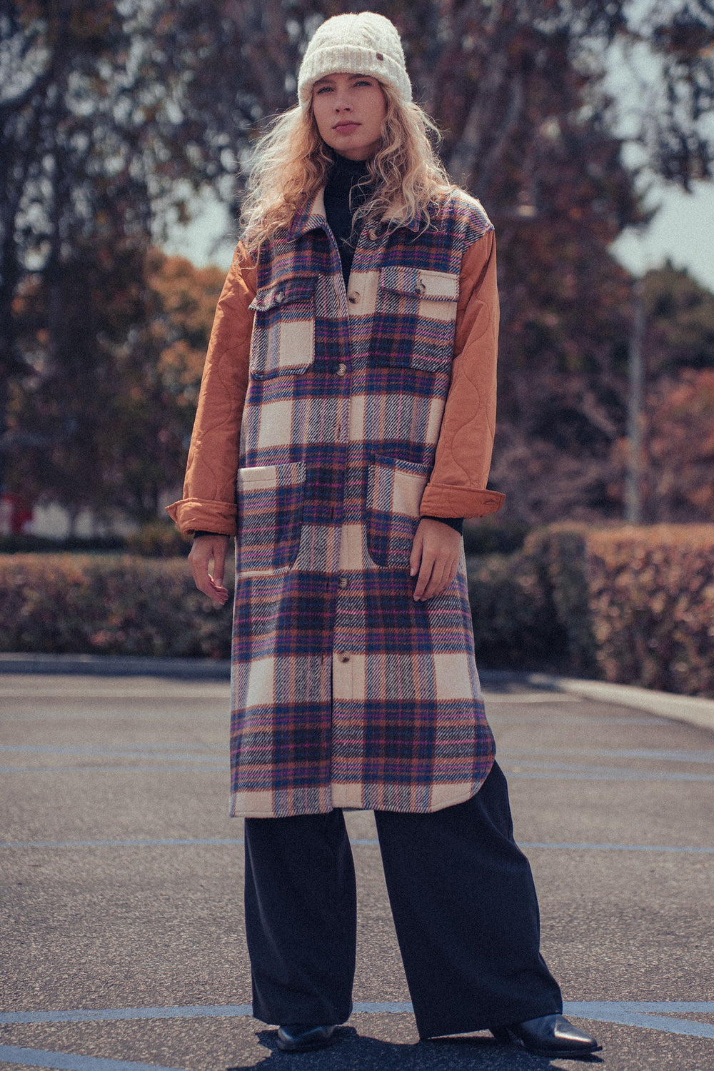 plaid patchwork longline coat - taupe (additional view)