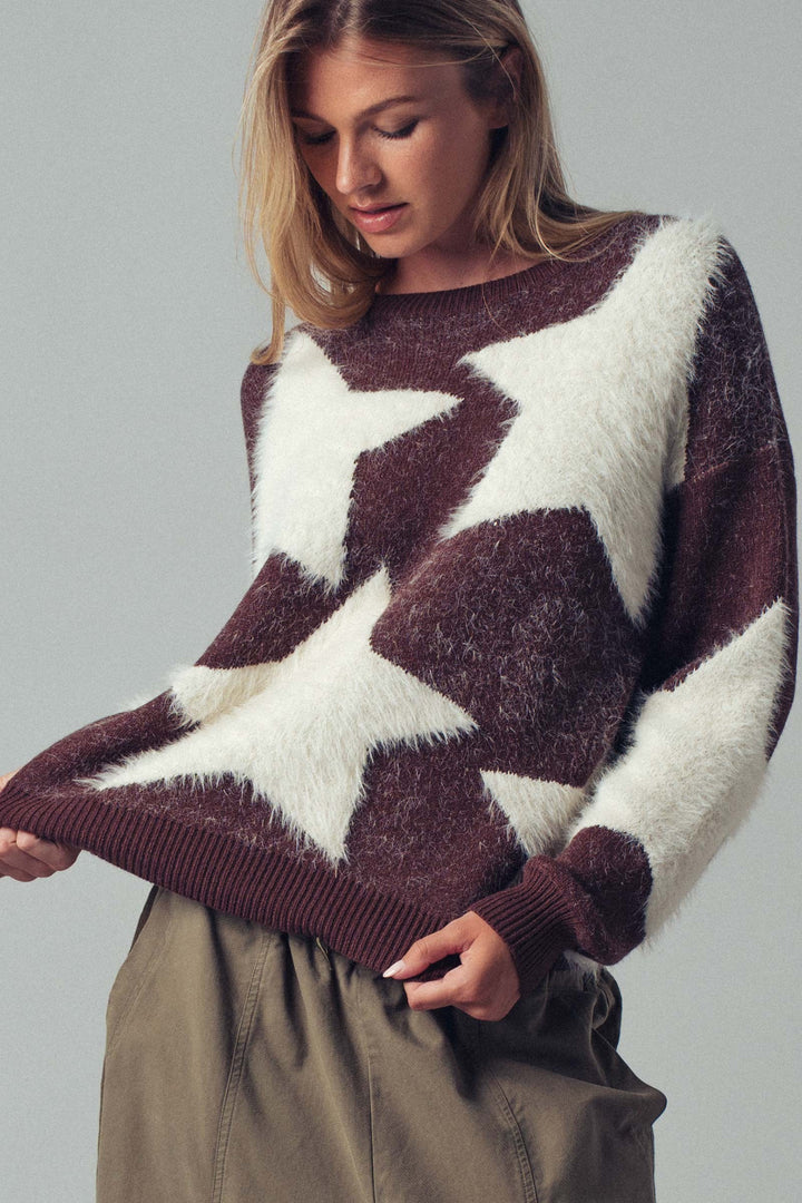 Cozy Star Pattern Fuzzy Knit Sweater Top