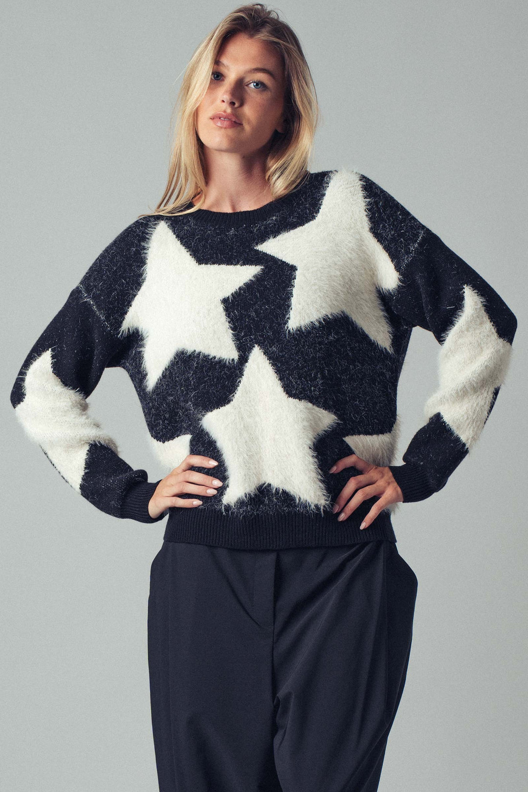 Cozy Star Pattern Fuzzy Knit Sweater Top