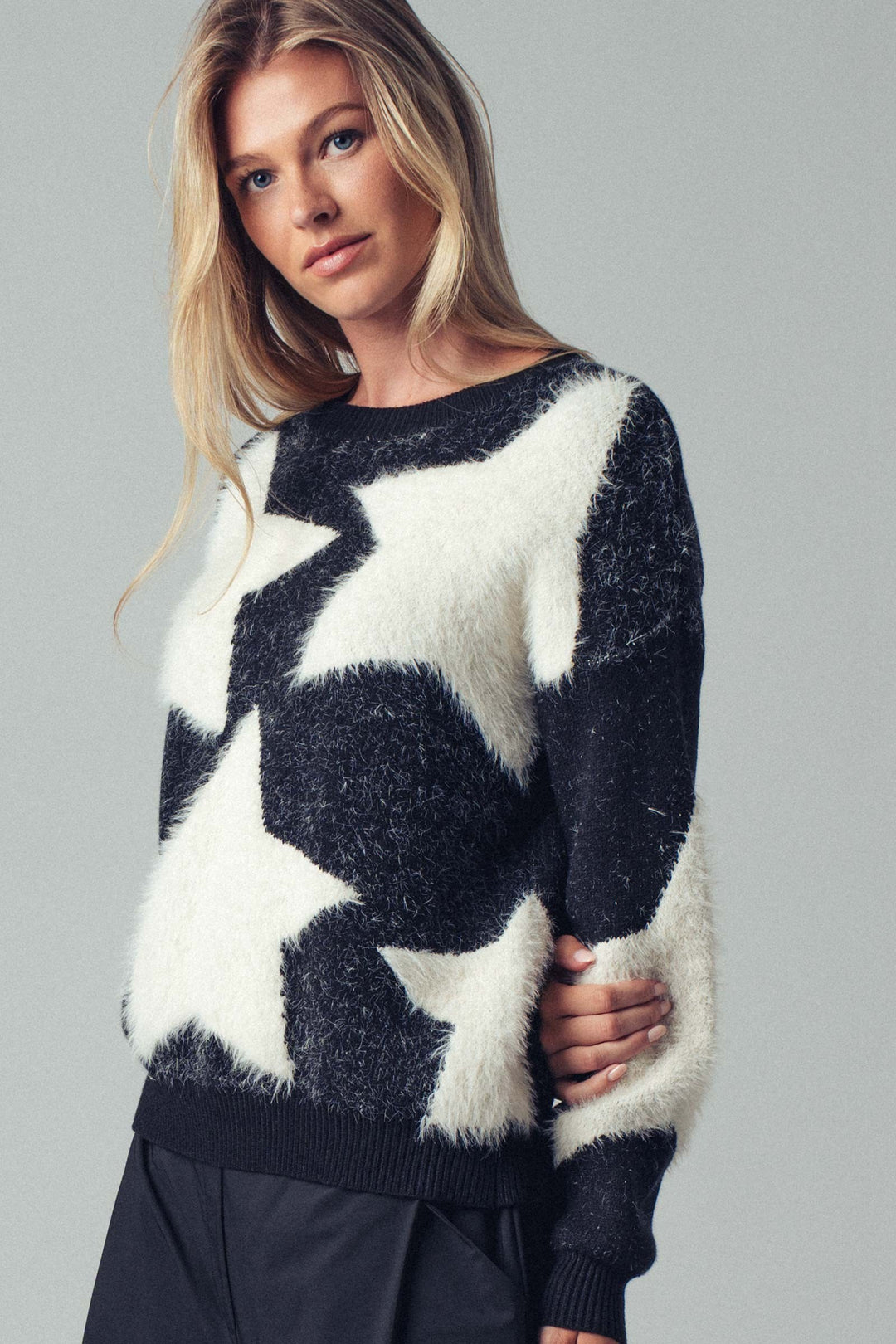 Cozy Star Pattern Fuzzy Knit Sweater Top