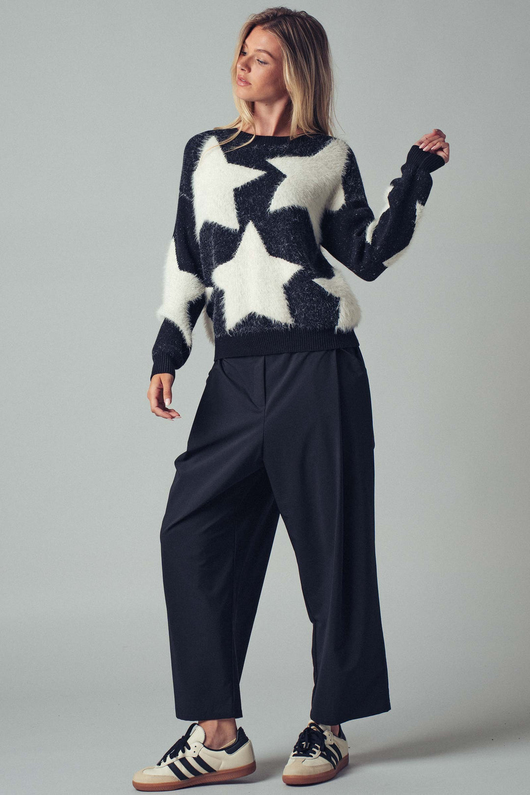 Cozy Star Pattern Fuzzy Knit Sweater Top