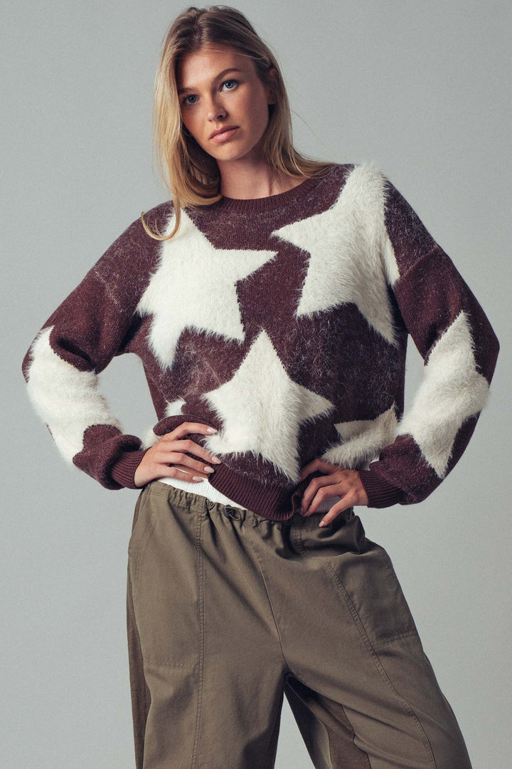 Cozy Star Pattern Fuzzy Knit Sweater Top
