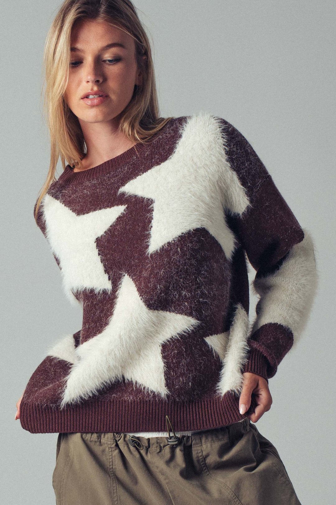 Cozy Star Pattern Fuzzy Knit Sweater Top