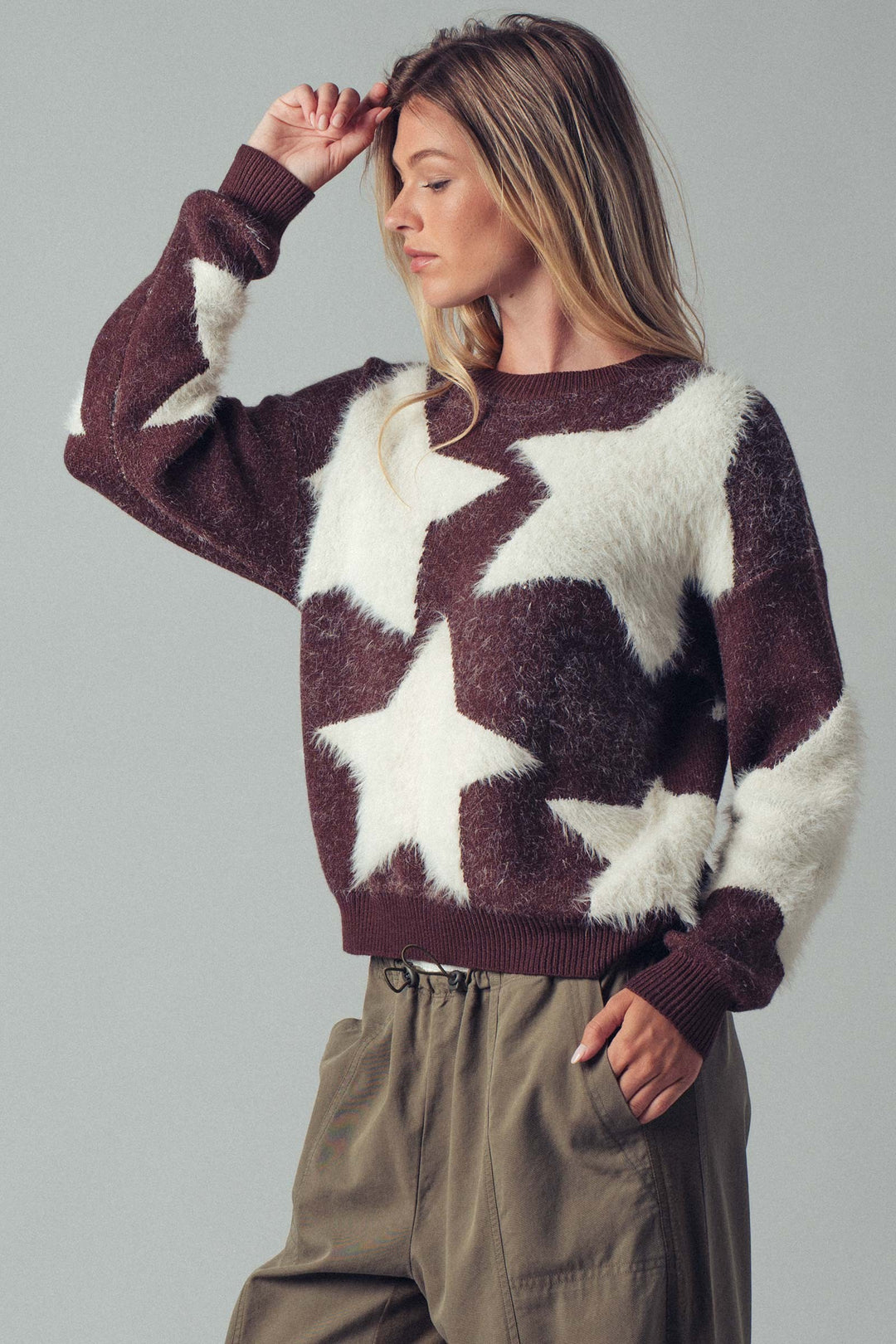 Cozy Star Pattern Fuzzy Knit Sweater Top