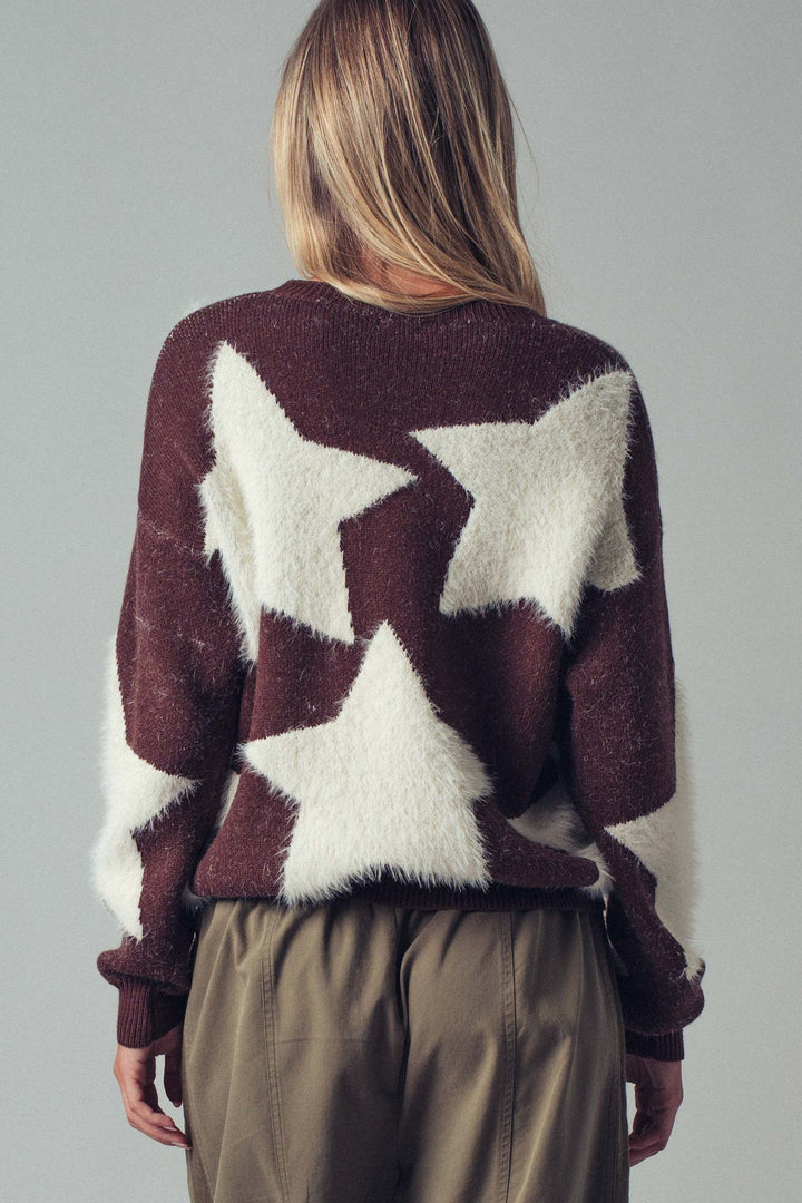 Cozy Star Pattern Fuzzy Knit Sweater Top