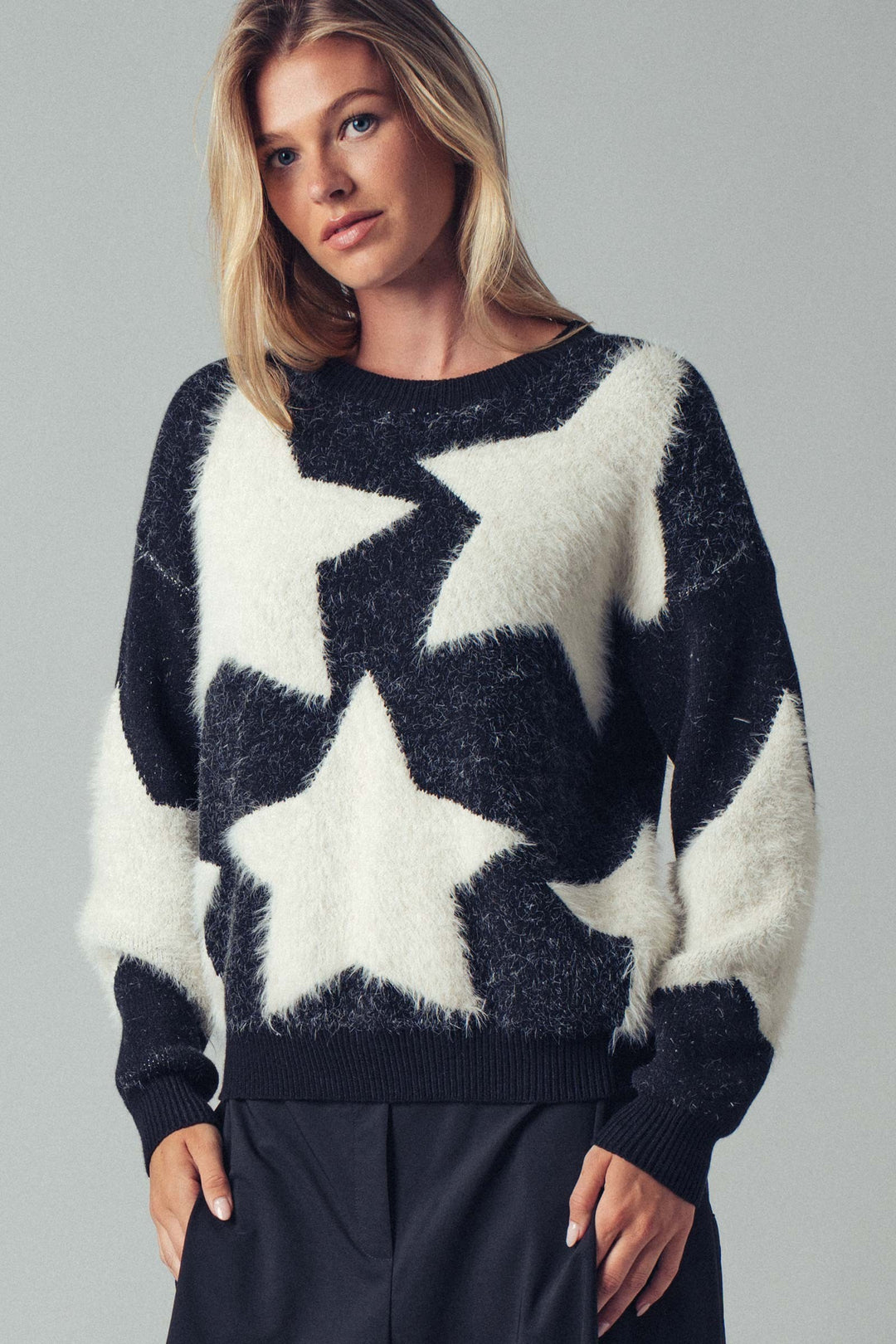 Cozy Star Pattern Fuzzy Knit Sweater Top
