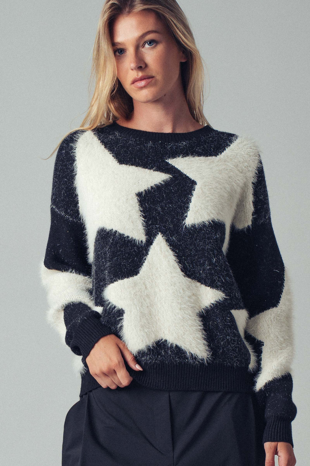 Cozy Star Pattern Fuzzy Knit Sweater Top