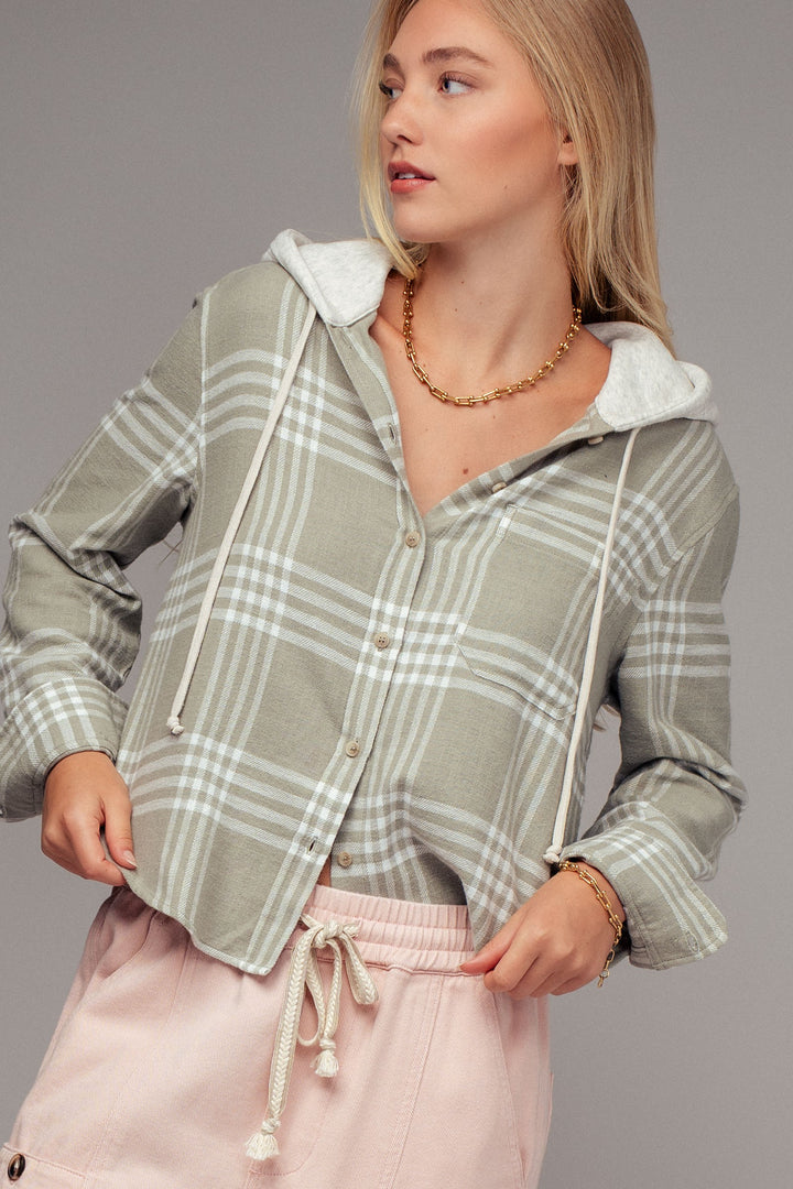 Western Plaid Casual Tops with Hood