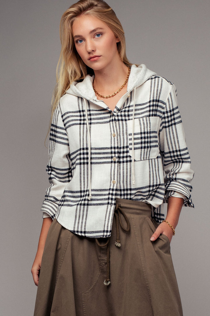 Western Plaid Casual Tops with Hood