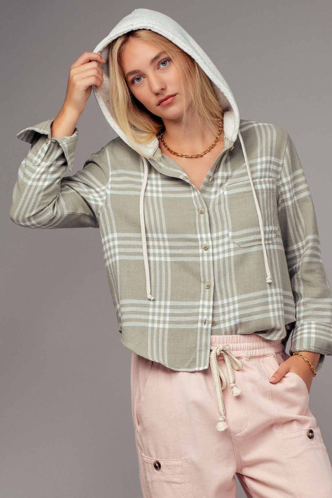 Western Plaid Casual Tops with Hood