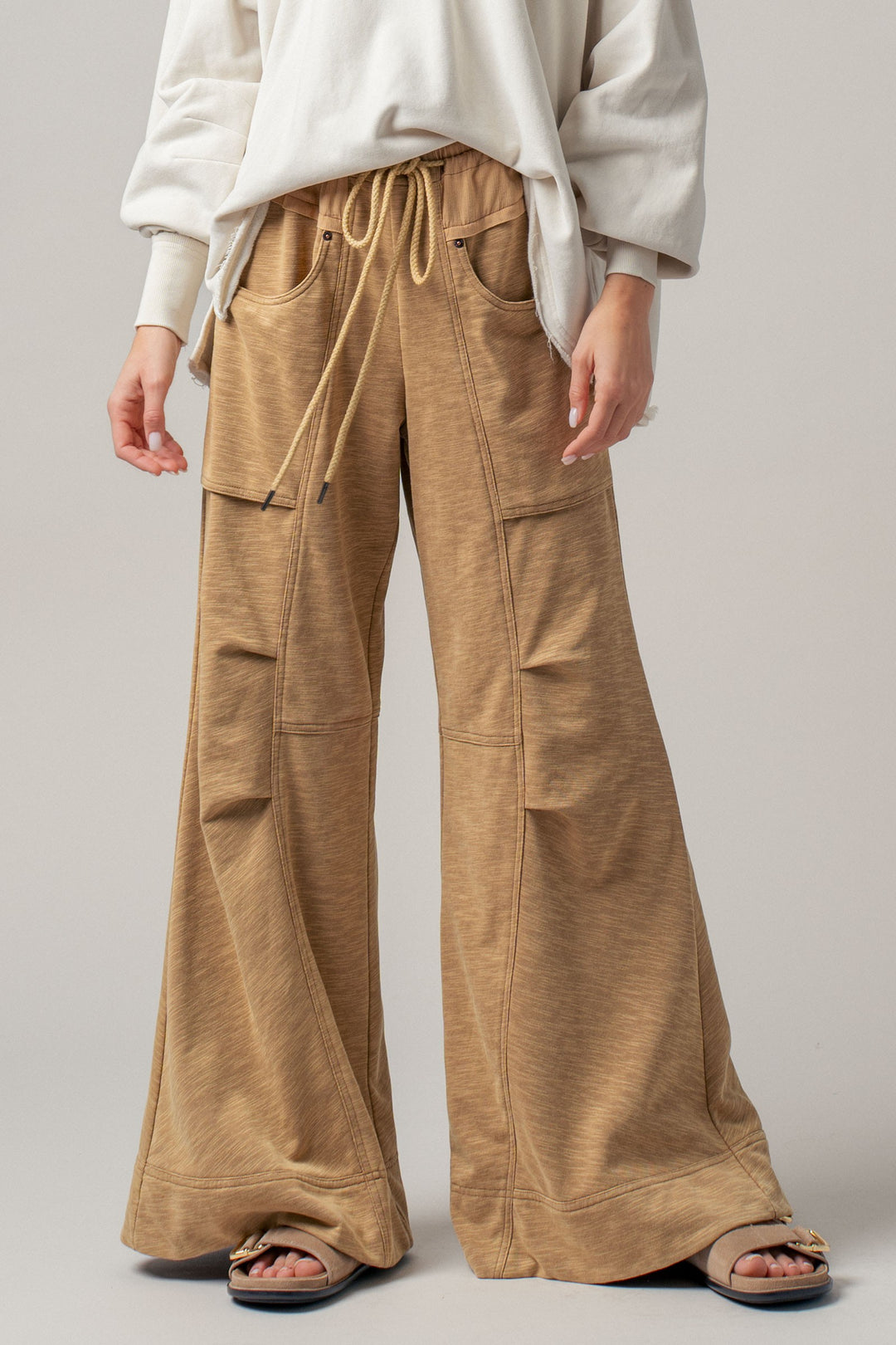 drawstring wide lounge pants - khaki