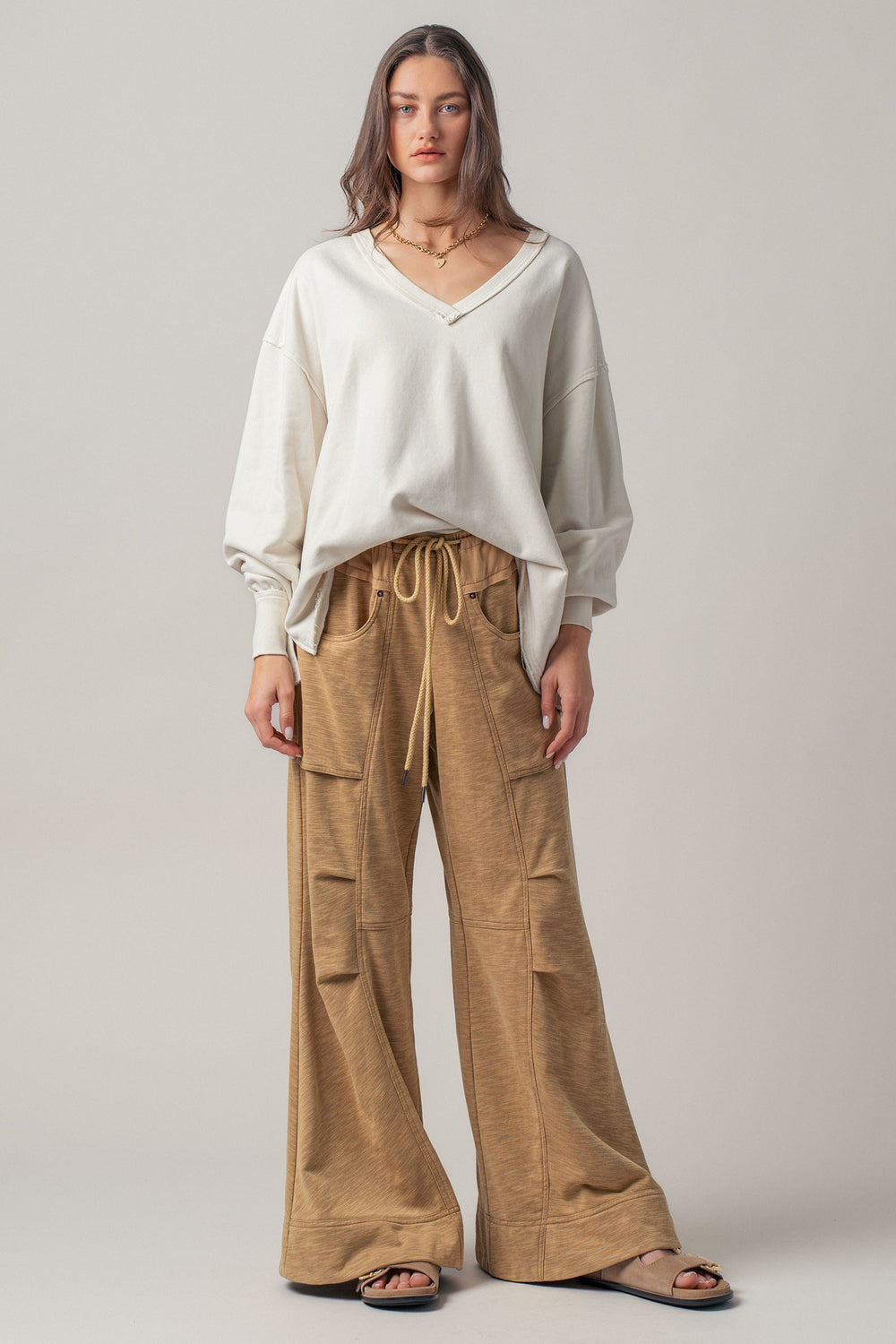 drawstring wide lounge pants - khaki (additional view)