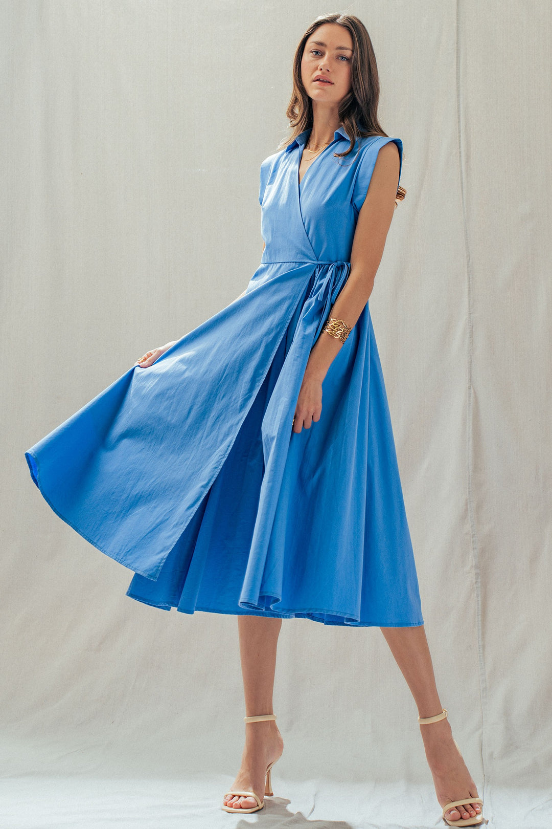 side tie waist wrap midi dress - blue