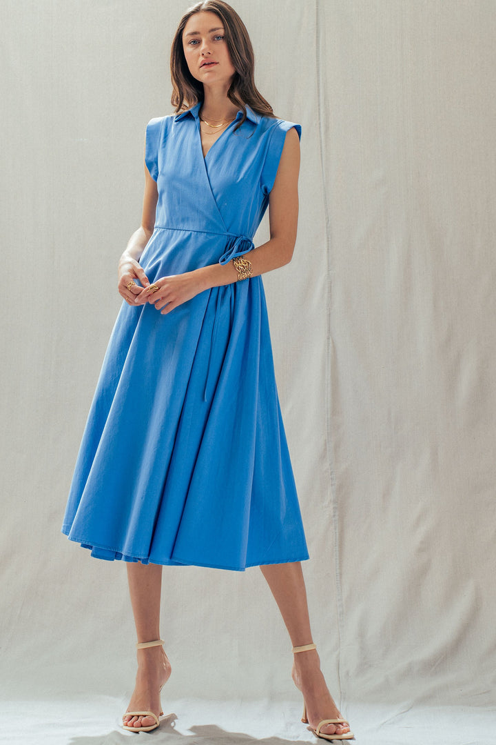 side tie waist wrap midi dress - blue (additional view)