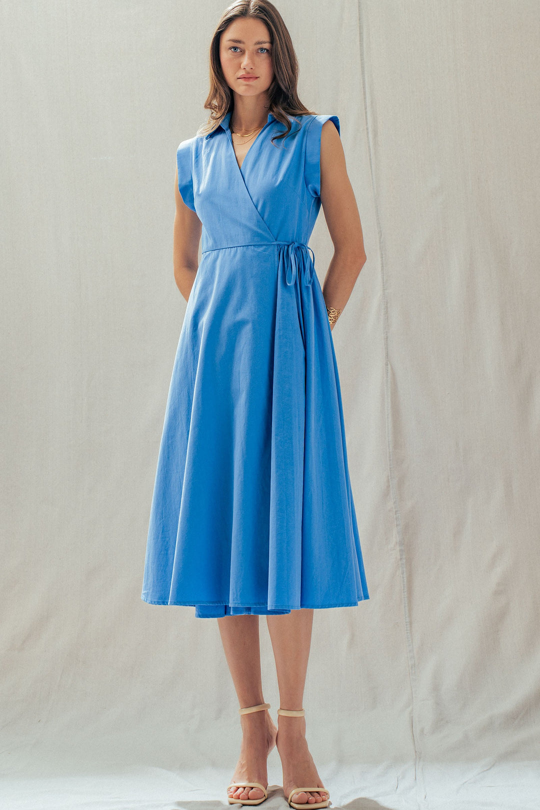 side tie waist wrap midi dress - blue (additional view)
