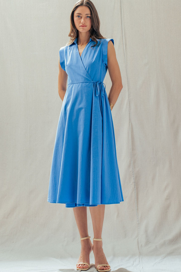 side tie waist wrap midi dress - blue (additional view)