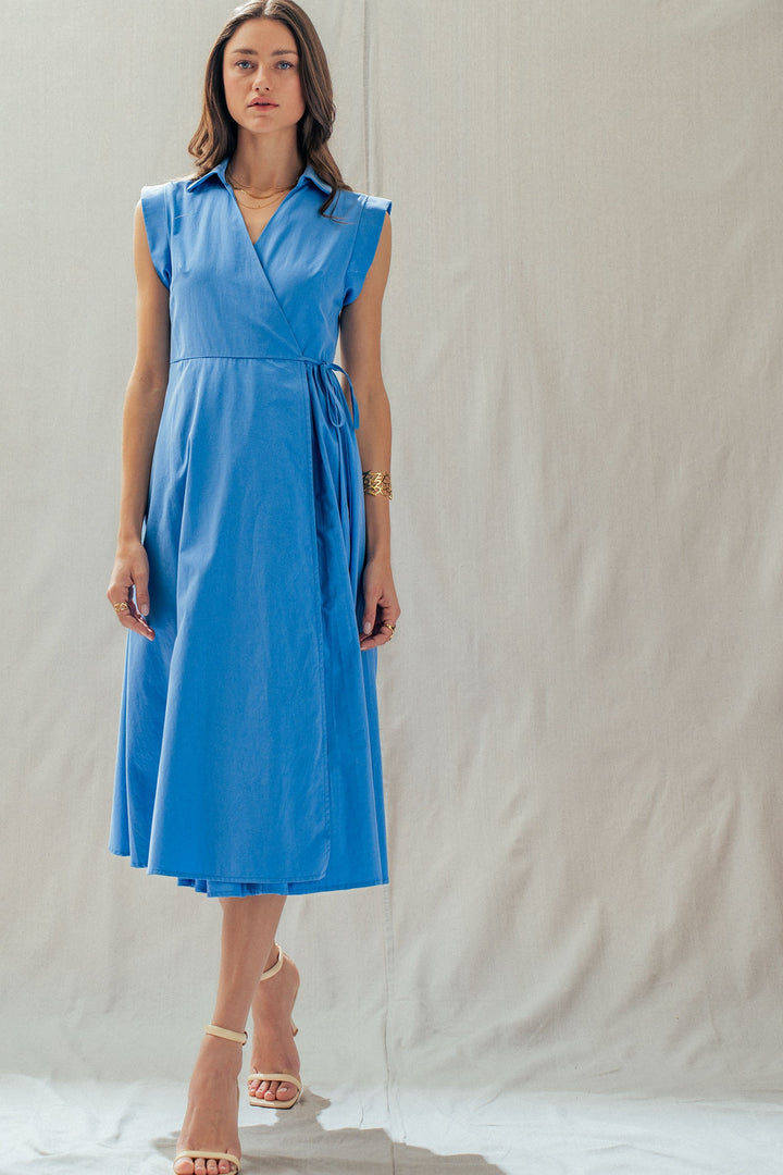 side tie waist wrap midi dress - blue (additional view)