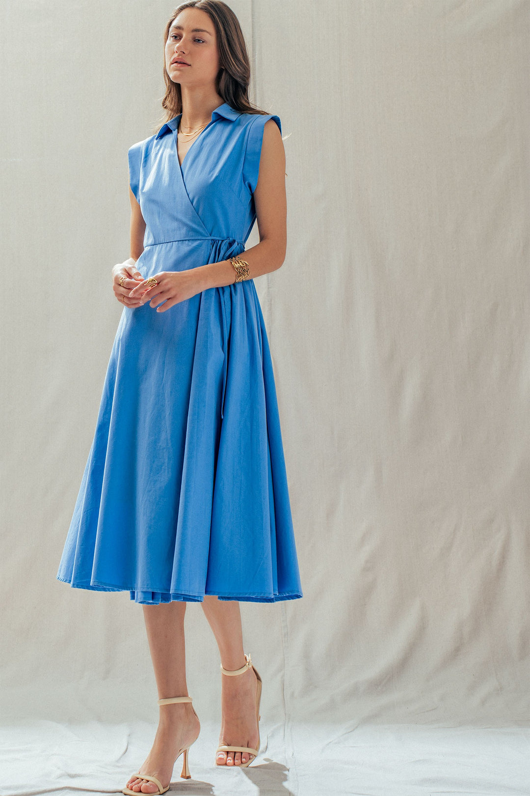 side tie waist wrap midi dress - blue (additional view)