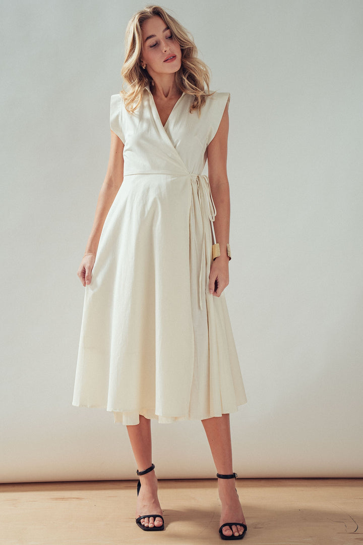 side tie waist wrap midi dress - ivory