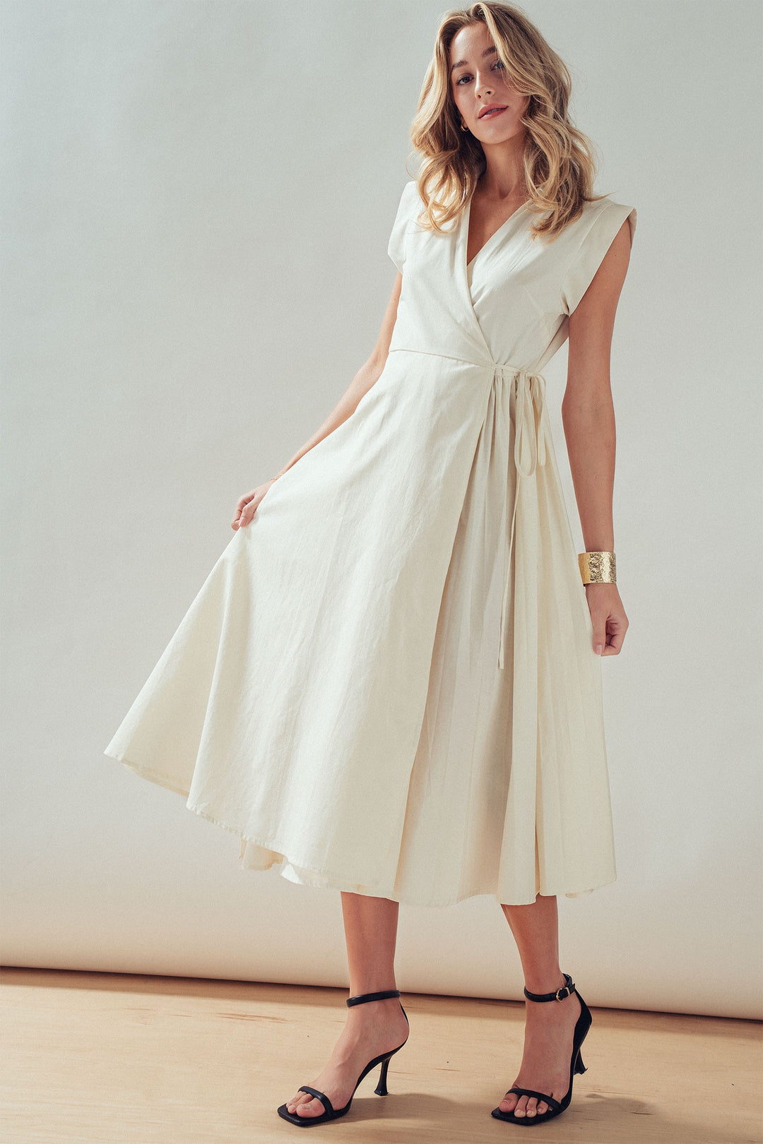 side tie waist wrap midi dress - ivory (additional view)