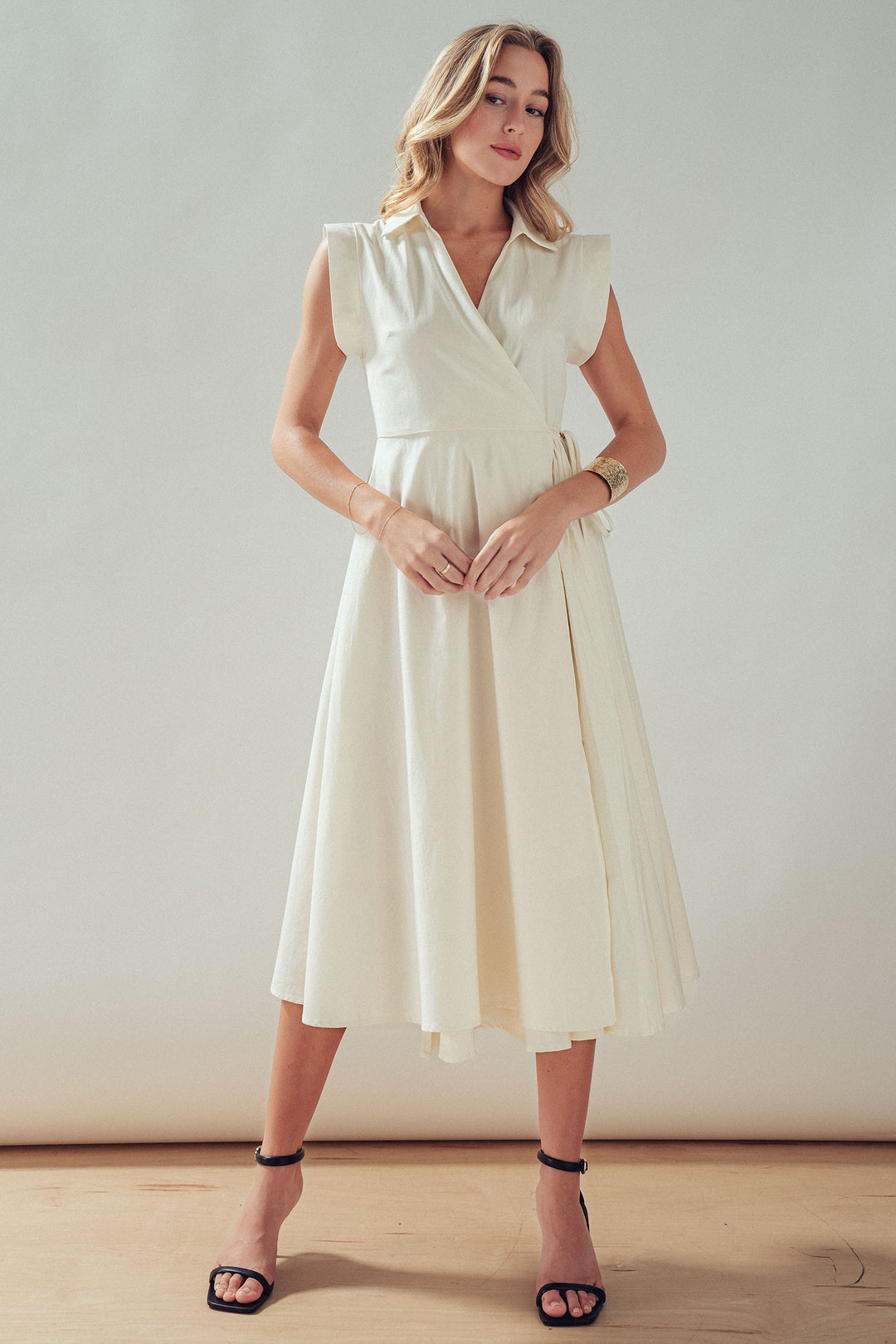 side tie waist wrap midi dress - ivory (additional view)