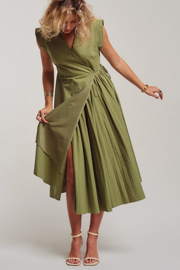 side tie waist wrap midi dress - moss green