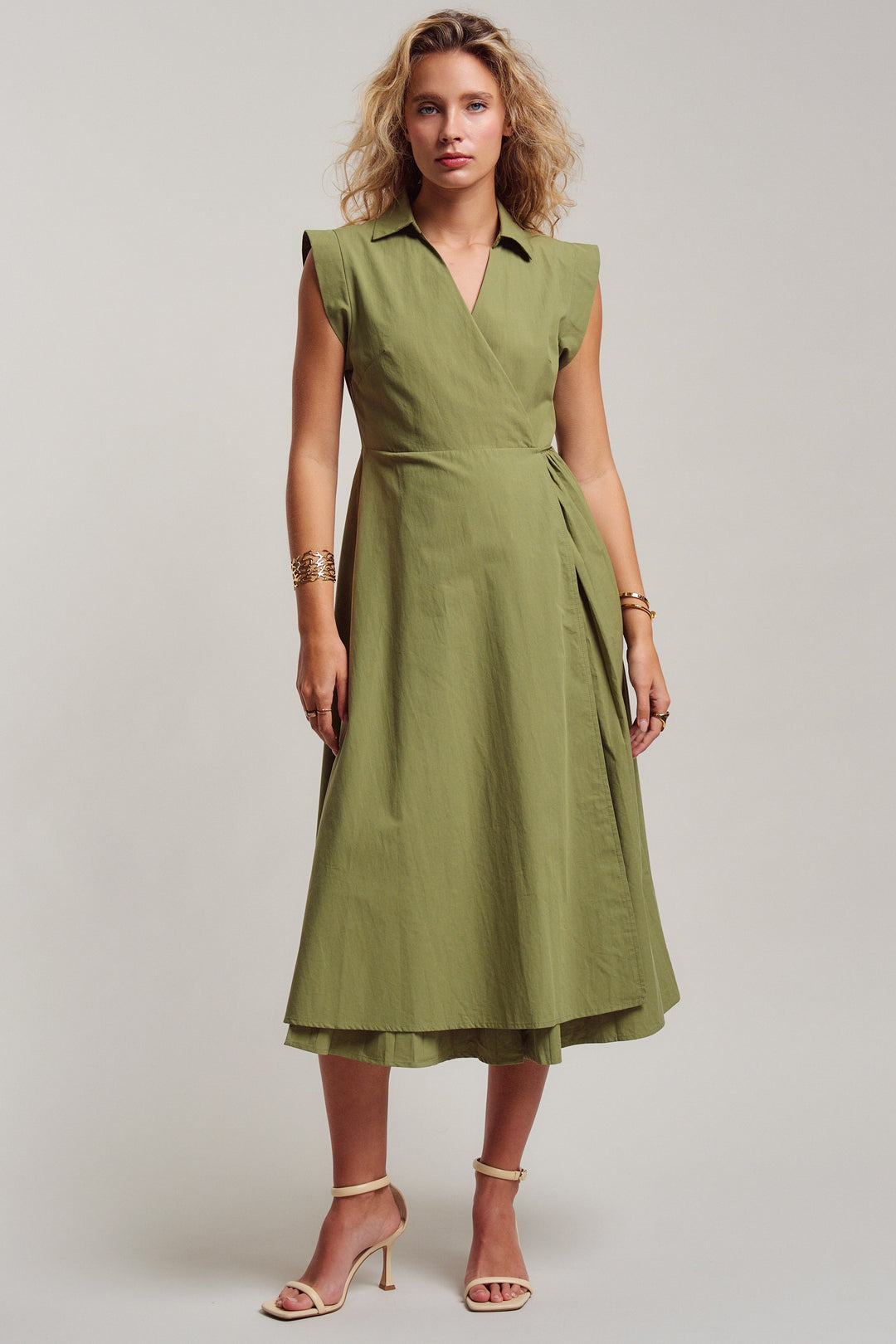 side tie waist wrap midi dress - moss green (additional view)
