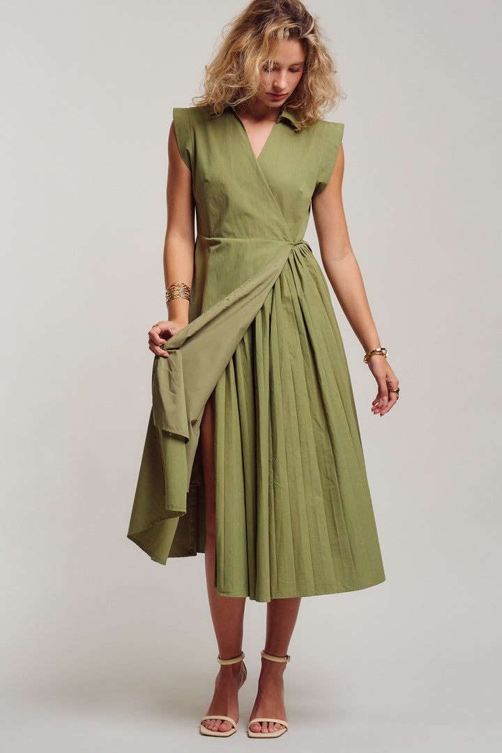 side tie waist wrap midi dress - moss green (additional view)