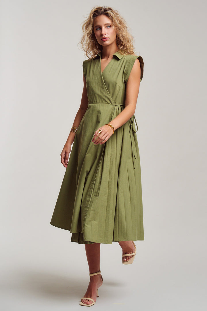 side tie waist wrap midi dress - moss green (additional view)