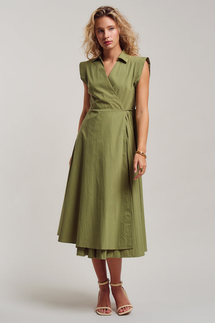 side tie waist wrap midi dress - moss green (additional view)