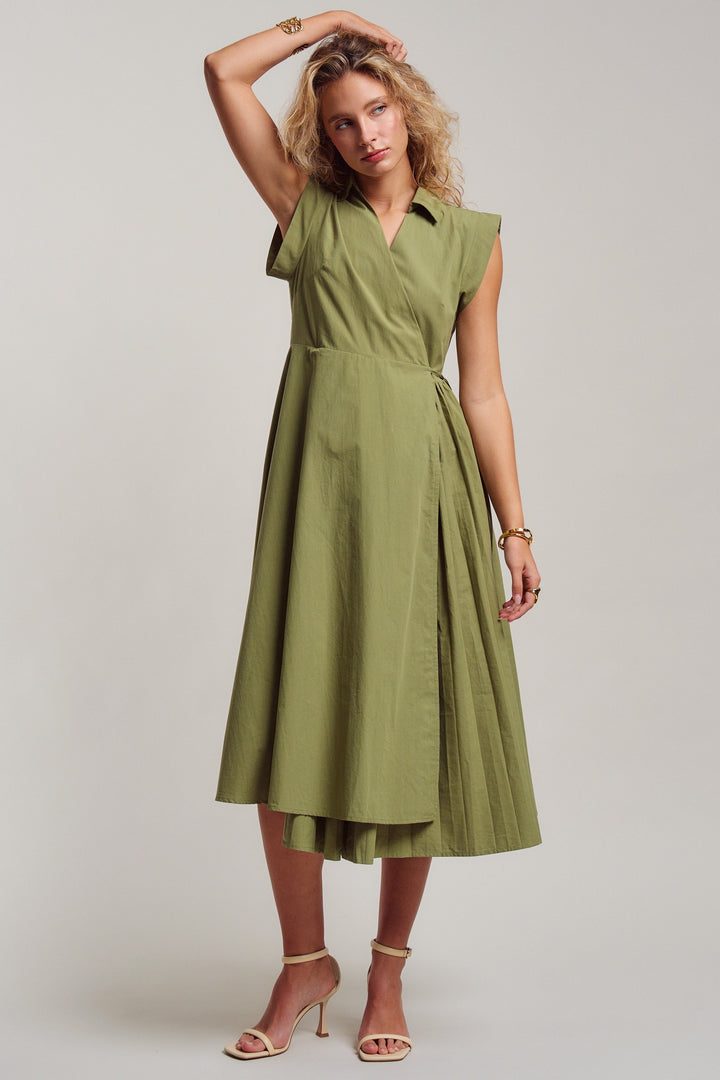 side tie waist wrap midi dress - moss green (additional view)