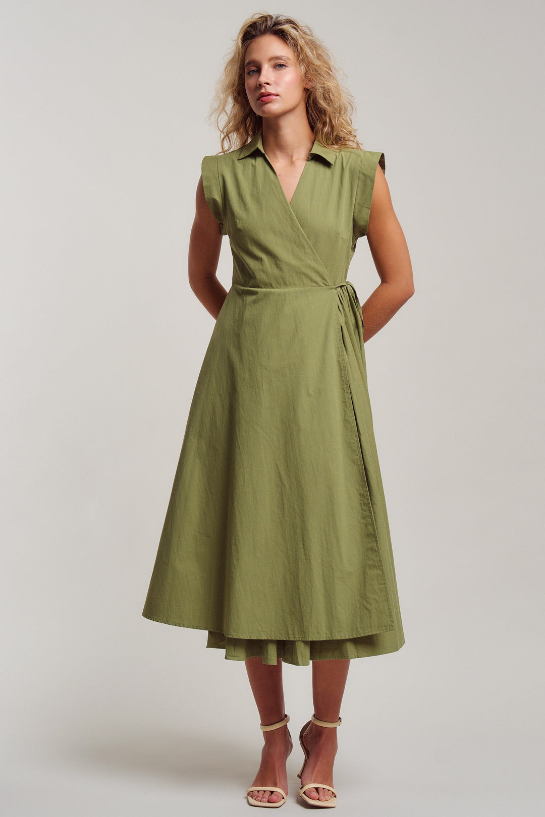 side tie waist wrap midi dress - moss green (additional view)