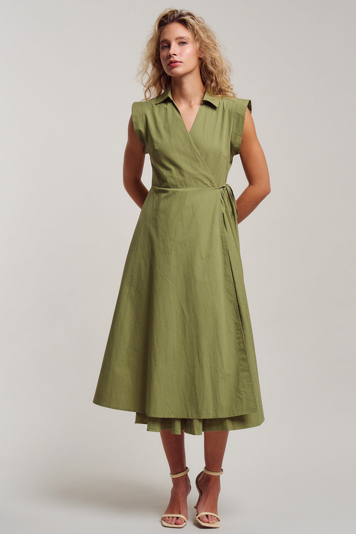 side tie waist wrap midi dress - moss green (additional view)