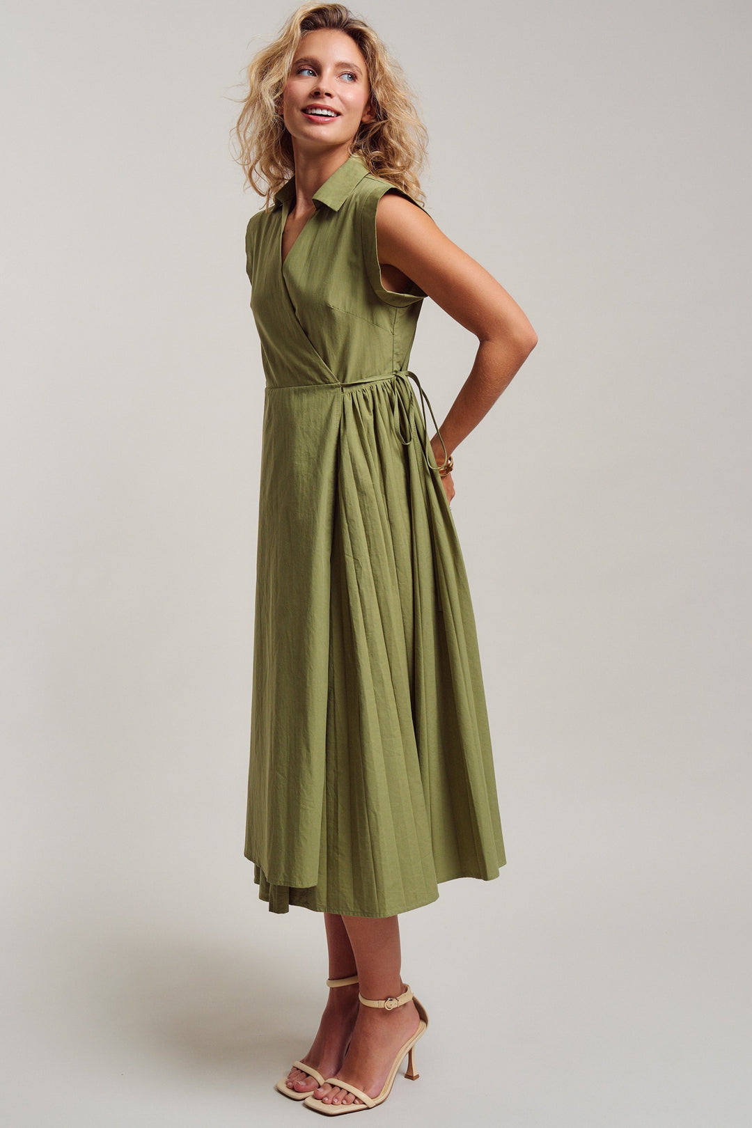 side tie waist wrap midi dress - moss green (additional view)