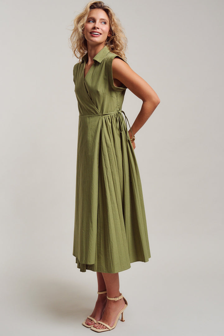 side tie waist wrap midi dress - moss green (additional view)