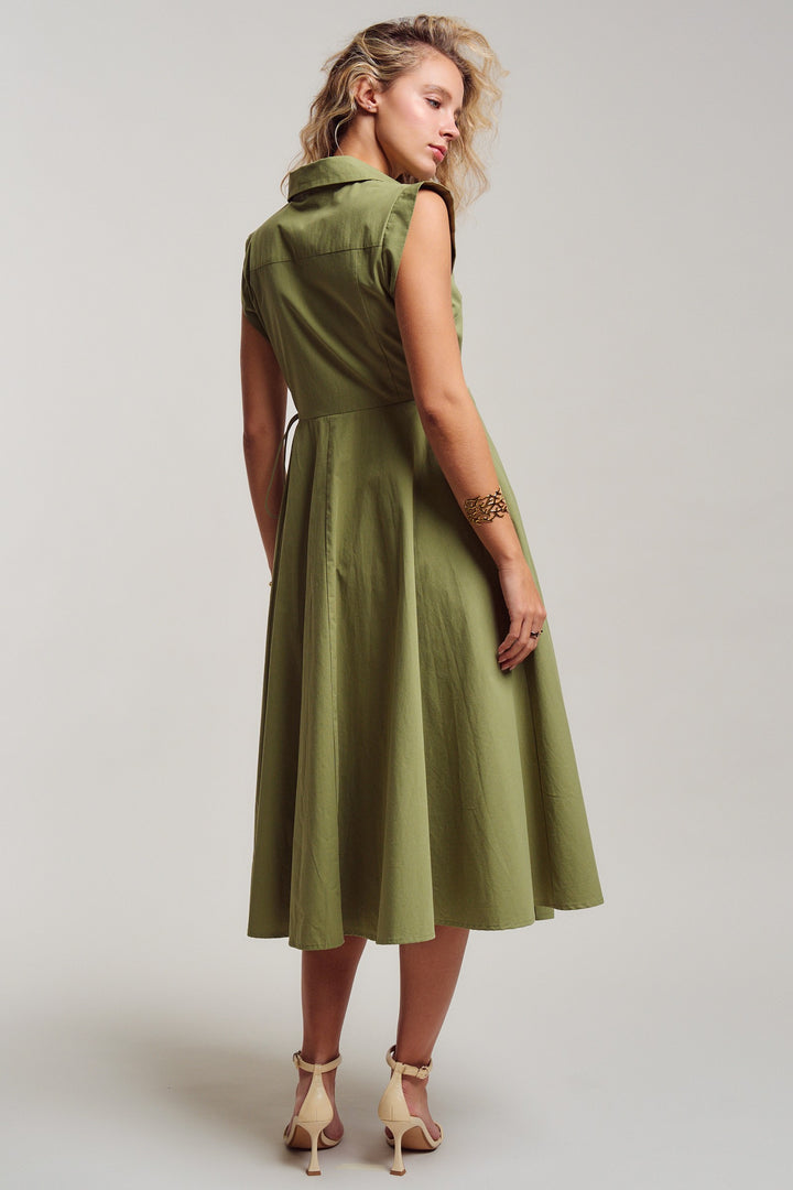 side tie waist wrap midi dress - moss green (additional view)
