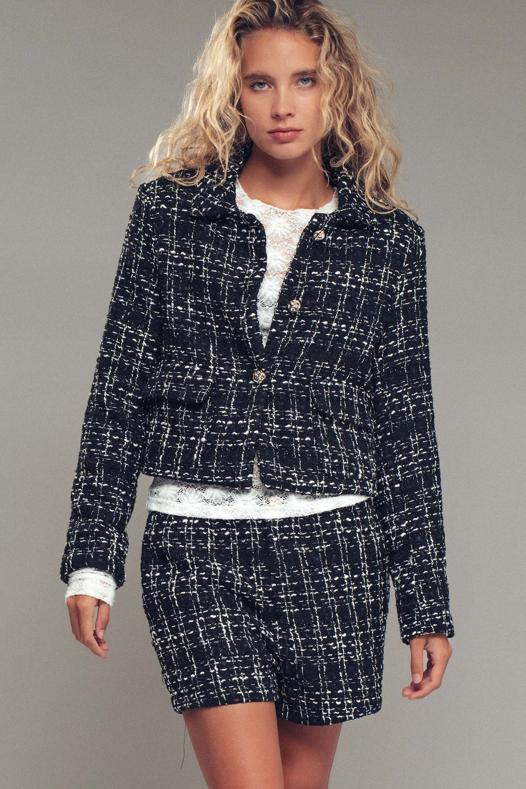 tweed button up jacket - black (additional view)