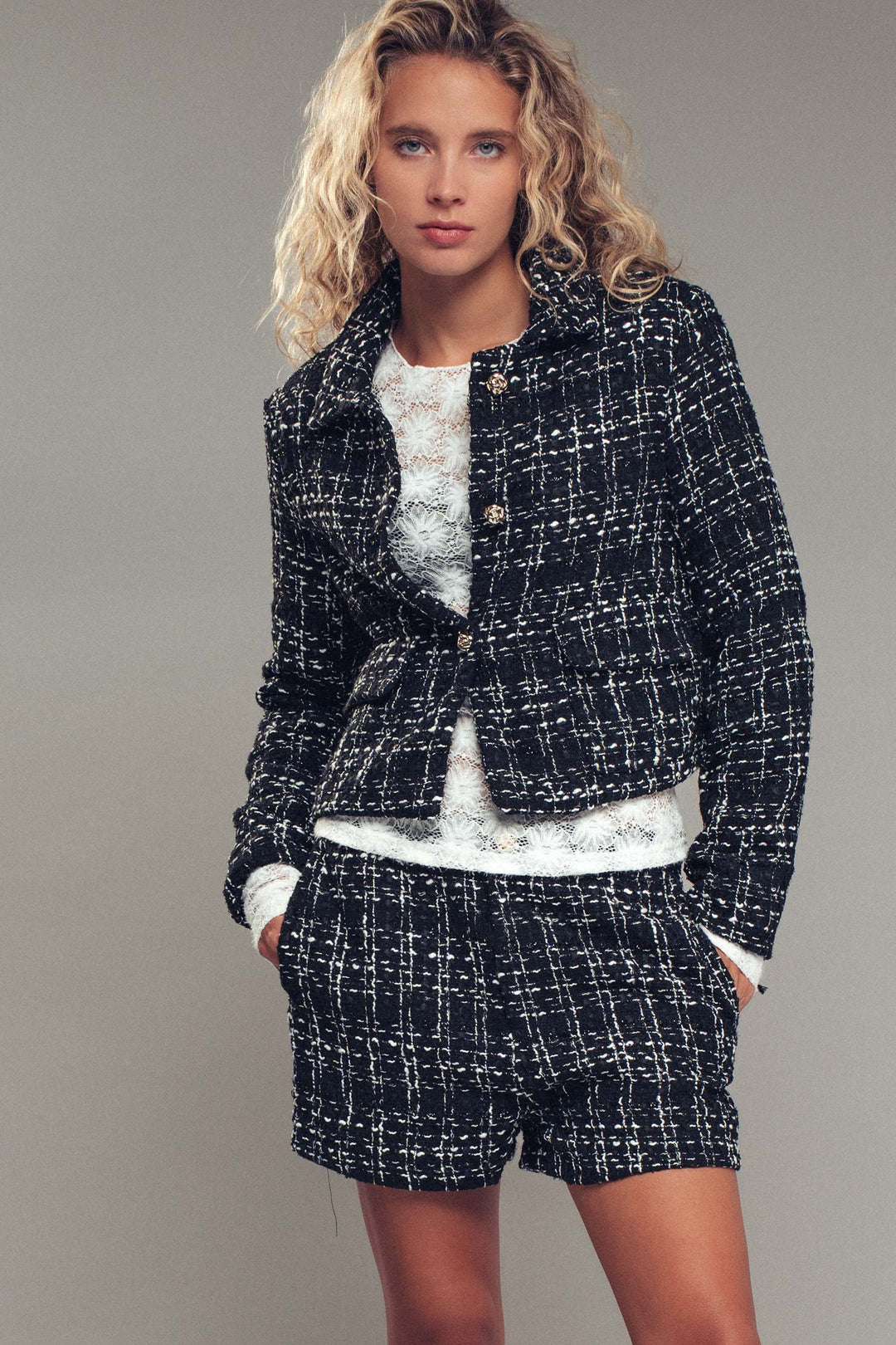 tweed button up jacket - black (additional view)